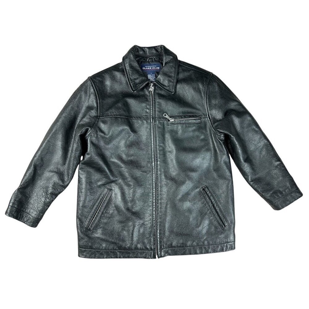 Class Club Boys Genuine Leather Jacket - Black Full-Zip Bomber - Size 7
